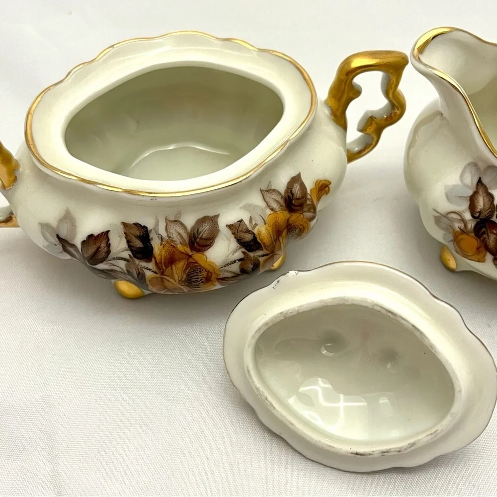 Royal Sealy Sugar Bowl w/ Lid & Creamer, Brown Orange Floral Pattern, VTG EUC